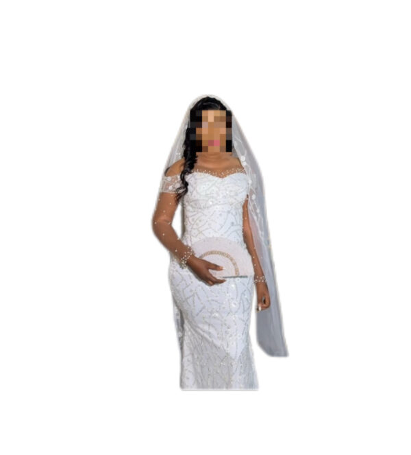Robe de mariée, tissu perlé, taille M, Quasi-neuf, voile, éventail